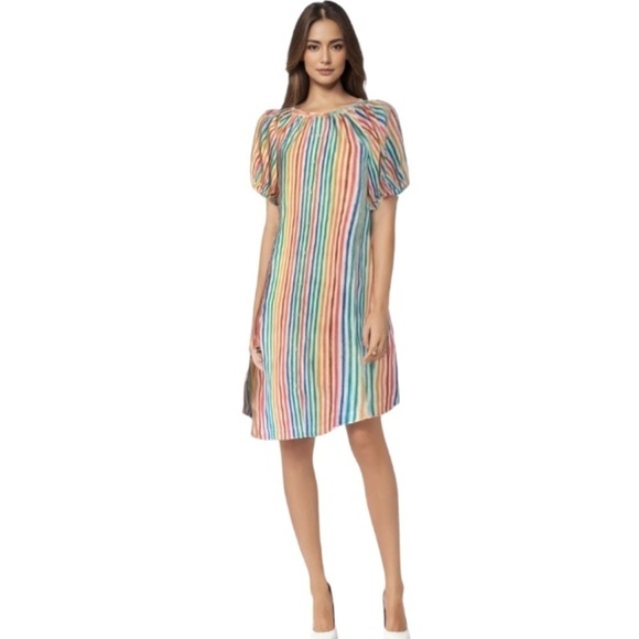 Smith & Quinn NWT Striped Dress Multicolor Stripe Puff Short Sleeve Button Front - Picture 1 of 14